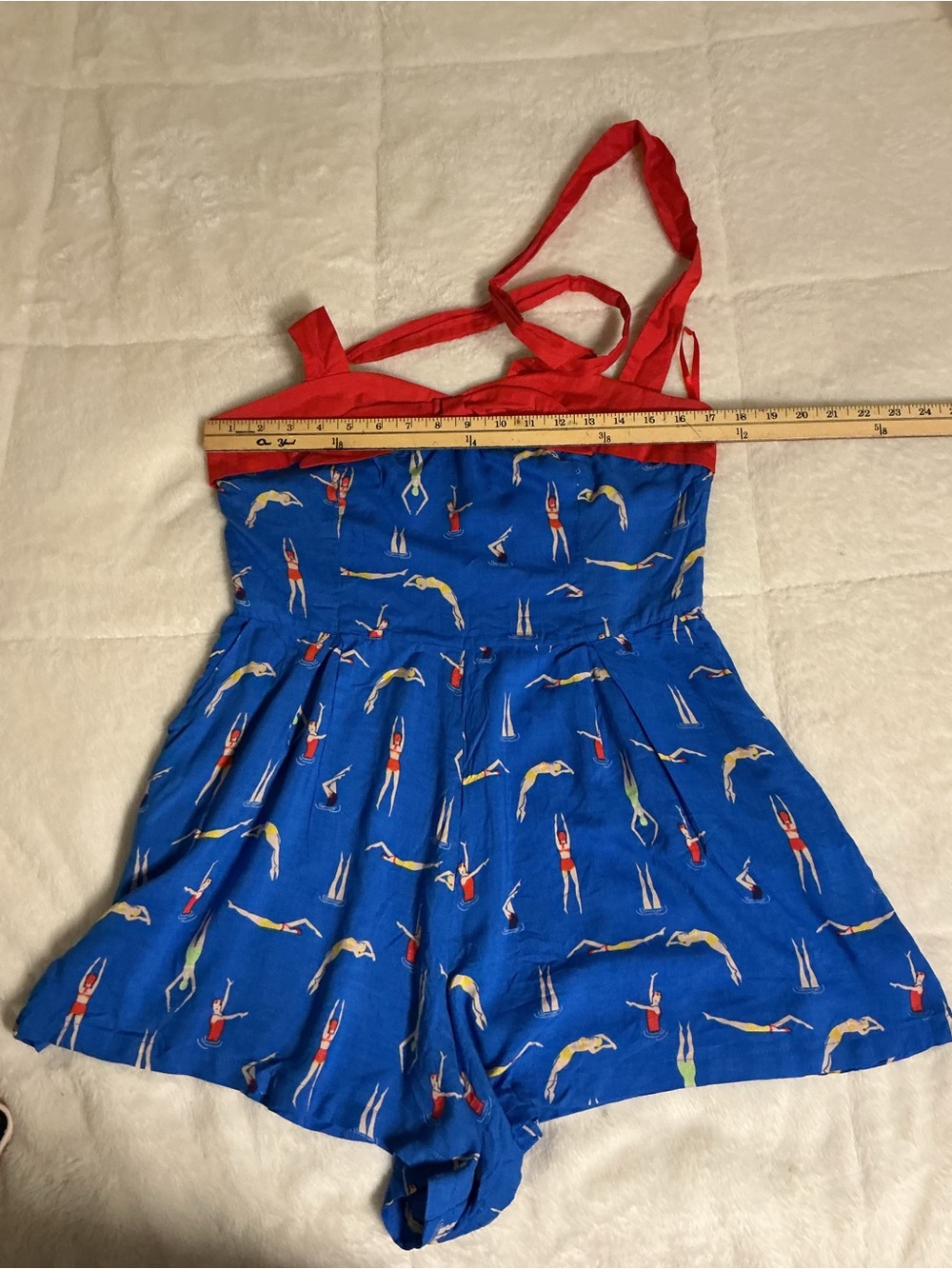 Blue Retro Swimsuit Romper with Red Halter Top - Picture 6 of 9